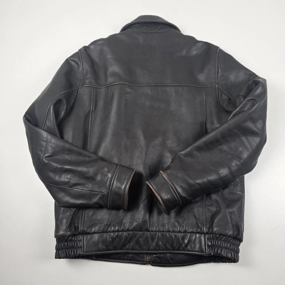 Tommy Hilfiger Jacket Mens Medium Brown Leather Bomber Plaid Lined Full Zip